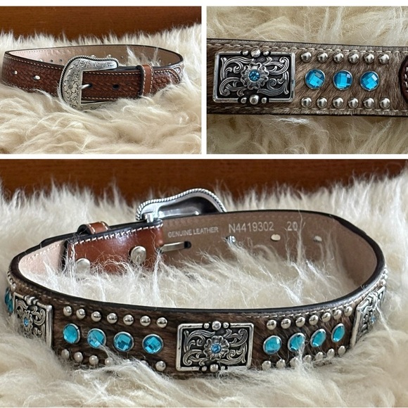 Noona Other - Kids Baby Cowgirl Rodeo Western Brown Leather Belt with Fur and Silver Accents